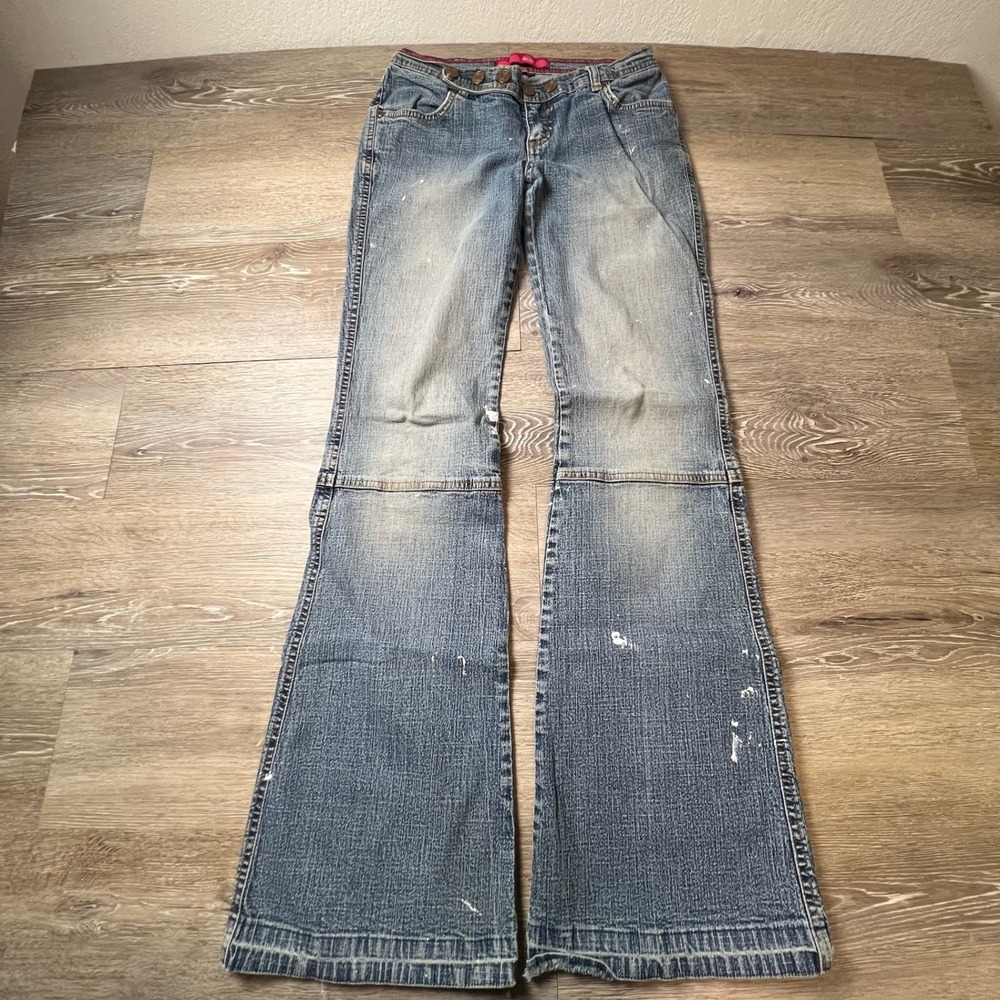 GLO Flare Jeans Womens 25 Blue Paint Splatter Low Rise Y2K Grunge Denim Boho - Picture 2 of 13
